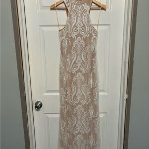 Elegant Beige and White Lace Dress
